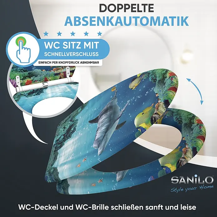 SANILO WC-Sitz Delphin Korallen mit Absenkautomatik - MDF, Blau, Mit Absenkautomatik - WC-Sitz mit Meerestier-Design, doppelter Absenkautomatik und Schnellverschluss zur einfachen Reinigung.