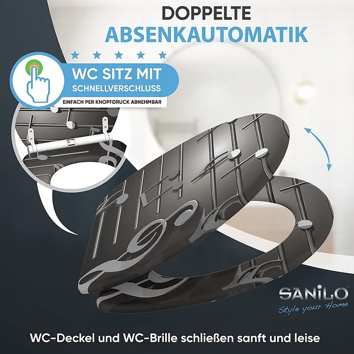 SANILO WC-Sitz Musical Notes mit Absenkautomatik - MDF, Grau, Mit Absenkautomatik - Dunkelgrauer WC-Sitz mit Absenkautomatik und Schnellverschluss-Funktion. WC-Deckel und -Brille schließen sanft und leise.