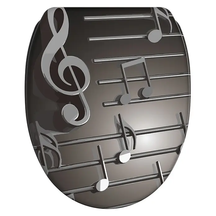 SANILO WC-Sitz Musical Notes mit Absenkautomatik - MDF, Grau, Mit Absenkautomatik - Dunkler Toilettensitz mit glänzenden Noten und Violinschlüssel auf einem Notensystem.