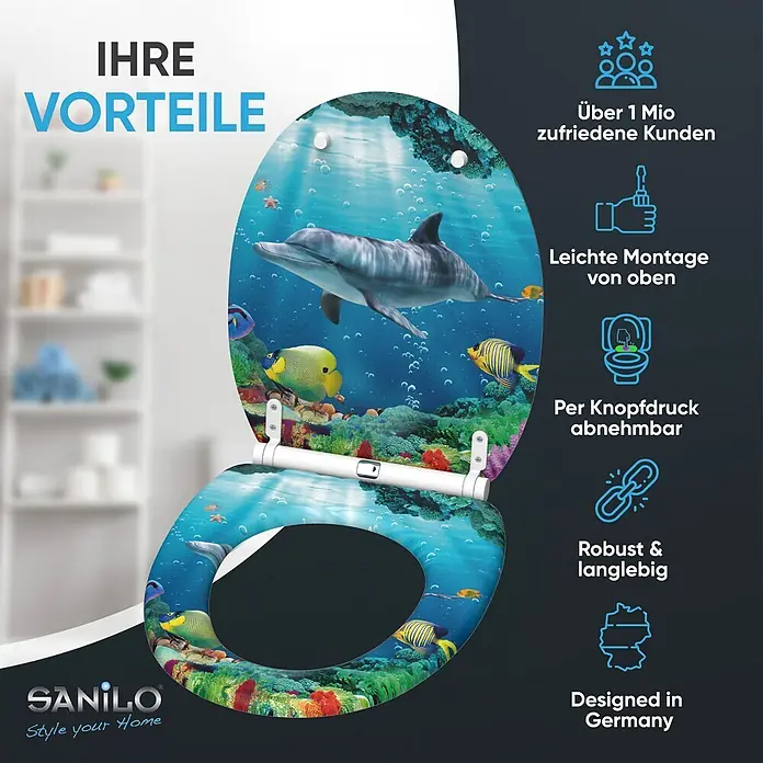 SANILO WC-Sitz Delphin Korallen mit Absenkautomatik - MDF, Blau, Mit Absenkautomatik - Toilettensitz mit lebhaftem Unterwasserdesign, das einen Delfin, bunte Fische und Korallenriffe zeigt.