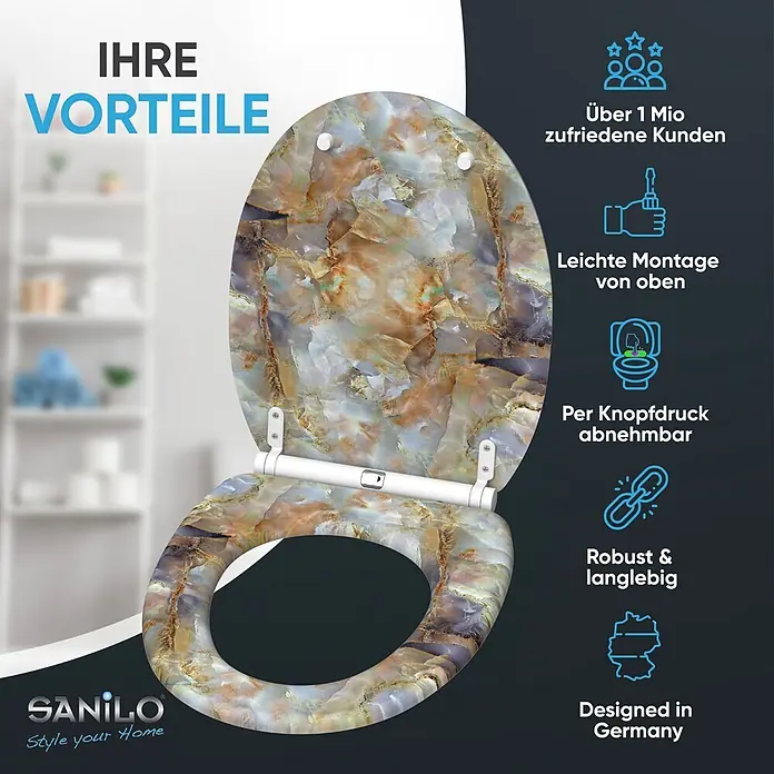 SANILO WC-Sitz Marmor Braun mit Absenkautomatik - MDF, Braun, Mit Absenkautomatik - Toilettensitz mit marmoriertem Onyx-Muster in Braun-, Beige- und Grautönen, mit weißen Scharnieren.