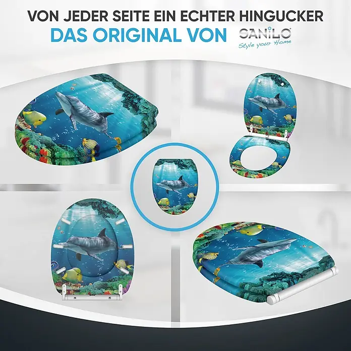 SANILO WC-Sitz Delphin Korallen mit Absenkautomatik - MDF, Blau, Mit Absenkautomatik - Lebhafter Toilettensitz mit Delfin- und Korallenriff-Design, aus verschiedenen Blickwinkeln gezeigt.