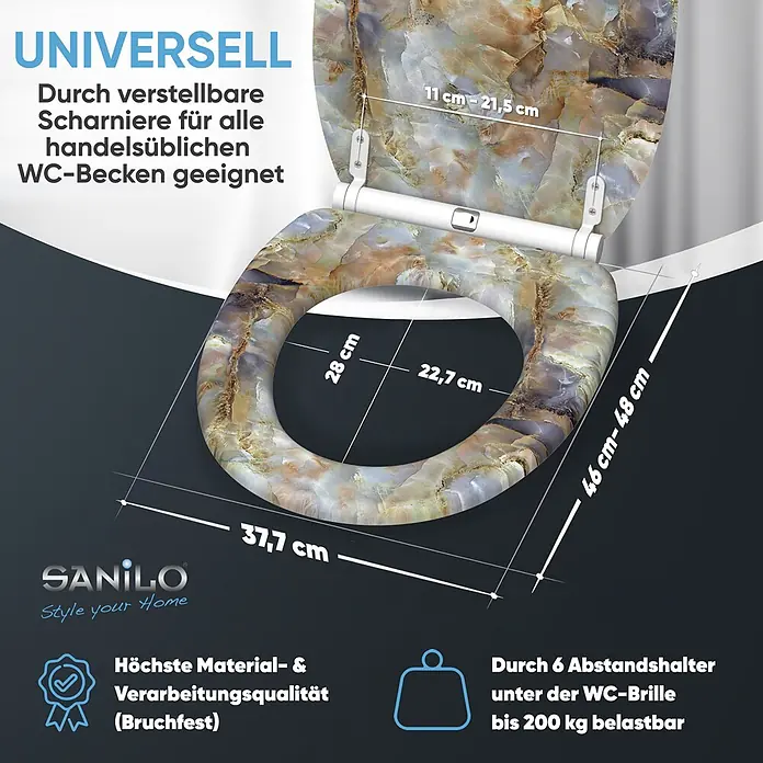 SANILO WC-Sitz Marmor Braun mit Absenkautomatik - MDF, Braun, Mit Absenkautomatik - WC-Sitz in Marmoroptik mit verstellbaren Scharnieren und Maßen. Bruchfest und universell passend für WC-Becken.