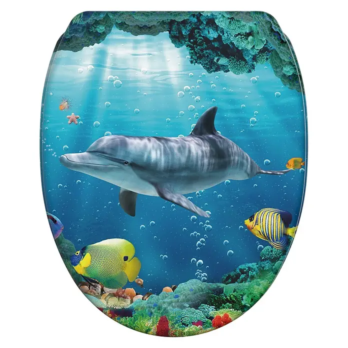 SANILO WC-Sitz Delphin Korallen mit Absenkautomatik - MDF, Blau, Mit Absenkautomatik - Toilettensitz mit Unterwasserdesign: lächelnder Delfin und bunte Fische zwischen Korallenriffen.
