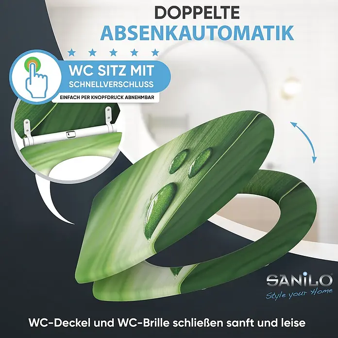 SANILO WC-Sitz Green Leaf mit Absenkautomatik - MDF, Grün, Mit Absenkautomatik - WC-Sitz mit grünem Blättermuster, doppelter Absenkautomatik und Schnellverschluss zum leisen und einfachen Abnehmen.