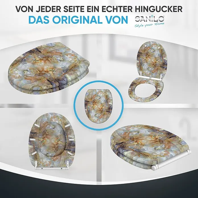 SANILO WC-Sitz Marmor Braun mit Absenkautomatik - MDF, Braun, Mit Absenkautomatik - Toilettensitz mit mehrfarbigem Marmormuster, aus verschiedenen Perspektiven gezeigt.