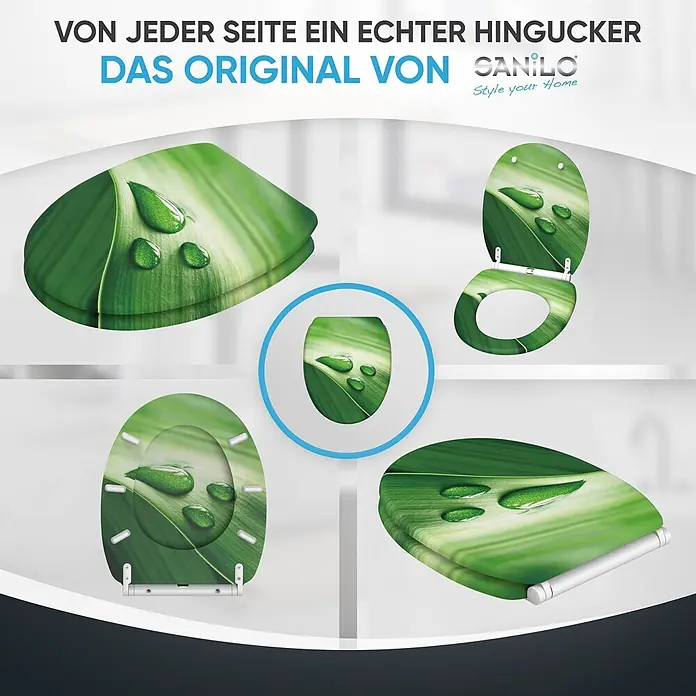 SANILO WC-Sitz Green Leaf mit Absenkautomatik - MDF, Grün, Mit Absenkautomatik - Toilettensitz mit leuchtendem grünem Blatt- und Wassertropfen-Design, aus verschiedenen Blickwinkeln dargestellt.