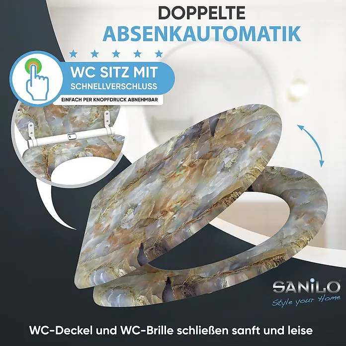 SANILO WC-Sitz Marmor Braun mit Absenkautomatik - MDF, Braun, Mit Absenkautomatik - Marmorierte WC-Sitz mit Doppel-Absenkautomatik und Schnellverschluss zum einfachen Abnehmen.