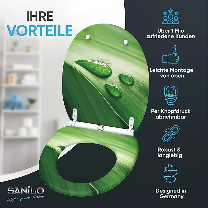 SANILO WC-Sitz Green Leaf mit Absenkautomatik - MDF, Grün, Mit Absenkautomatik - Toilettensitz mit grünem Blattdesign und Wassertropfen.