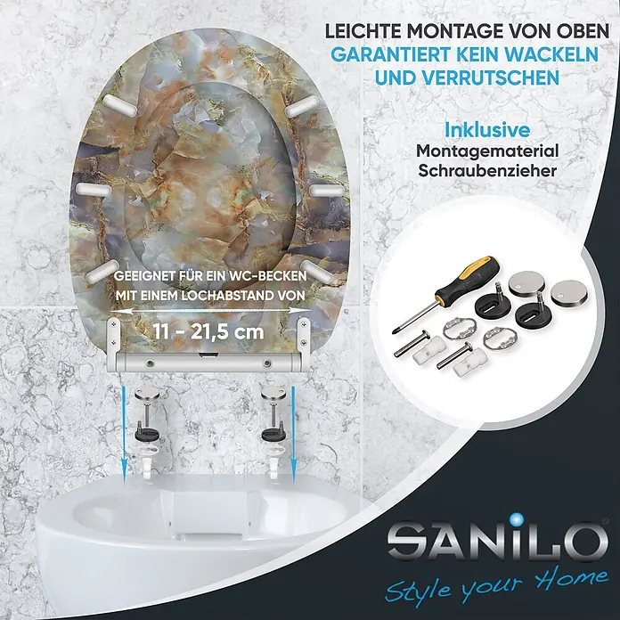 SANILO WC-Sitz Marmor Braun mit Absenkautomatik - MDF, Braun, Mit Absenkautomatik - Marmoriertes WC-Sitz mit einfacher Top-Down-Montage, 11-21,5cm Lochabstand, inklusive Montagematerial und Schraubenzieher.