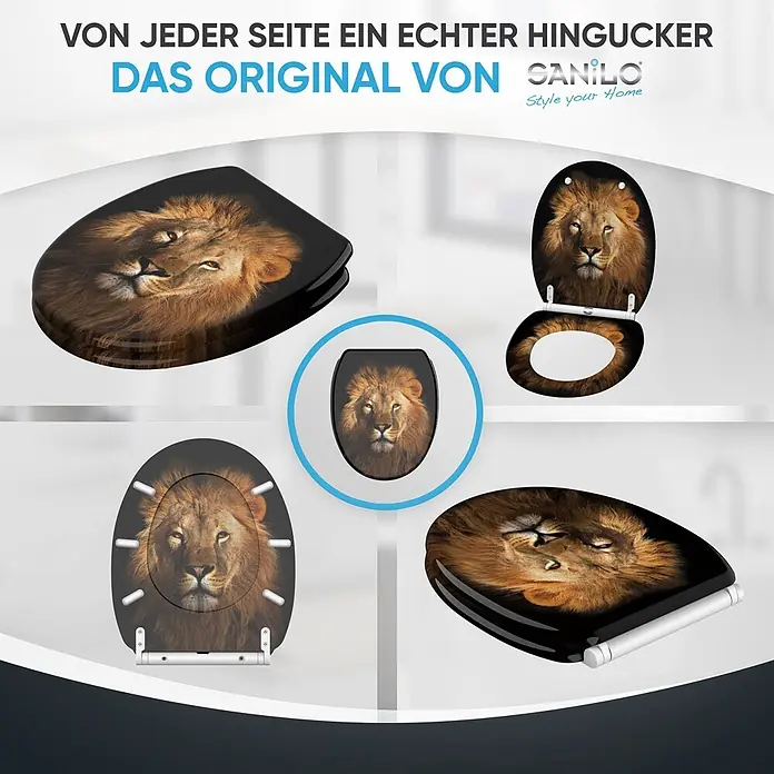 SANILO WC-Sitz Löwe mit Absenkautomatik - MDF, Braun, Mit Absenkautomatik - Schwarzer Toilettensitz mit realistischem Löwengesichtsdruck, aus verschiedenen Blickwinkeln gezeigt, offen, geschlossen und von oben.