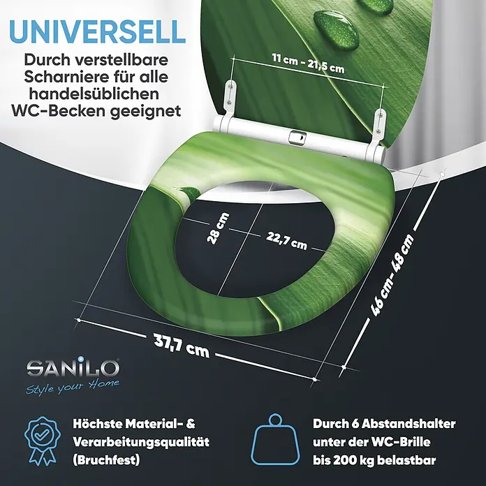 SANILO WC-Sitz Green Leaf mit Absenkautomatik - MDF, Grün, Mit Absenkautomatik - WC-Sitz mit grünem Blattmotiv, verstellbaren Scharnieren und universeller Passform. Maße: außen 37,7x46-48 cm, innen 22,7x28 cm.