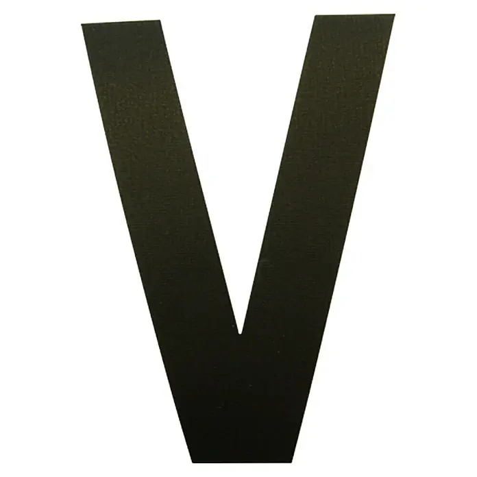 Folienzeichen - Buchstabe V, 10 cm, PVC, Schwarz - Das Bild zeigt den Buchstaben V in schwarzer Farbe. Die Oberfläche des Buchstabens ist leicht strukturiert, was ihm eine besondere Note verleiht.