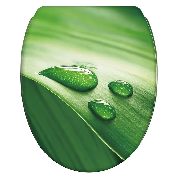 SANILO WC-Sitz Green Leaf mit Absenkautomatik - MDF, Grün, Mit Absenkautomatik - Toilettensitz mit grünem Blatt- und Wassertropfenmotiv.