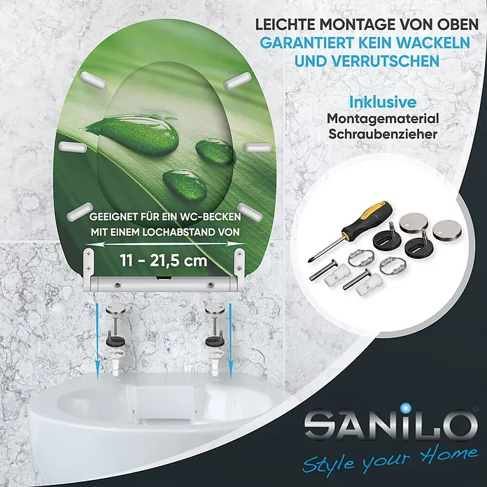 SANILO WC-Sitz Green Leaf mit Absenkautomatik - MDF, Grün, Mit Absenkautomatik - Grüner WC-Sitz mit Blattmuster, einfacher Top-Fix-Montage für Stabilität und enthaltenem Montagematerial mit Schraubenzieher.