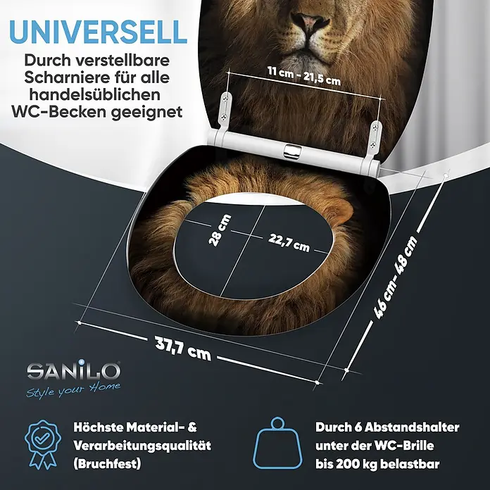SANILO WC-Sitz Löwe mit Absenkautomatik - MDF, Braun, Mit Absenkautomatik - WC-Sitz mit Löwengesicht-Aufdruck, zeigt Maße und Eigenschaften wie verstellbare Scharniere und hohe Belastbarkeit.