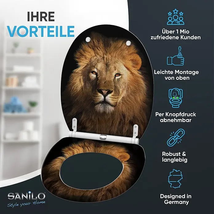SANILO WC-Sitz Löwe mit Absenkautomatik - MDF, Braun, Mit Absenkautomatik - WC-Sitz mit detailreichem Löwenkopf-Aufdruck. Der dunkle Sitz mit weißen Scharnieren bietet einzigartige Badezimmer-Dekoration.