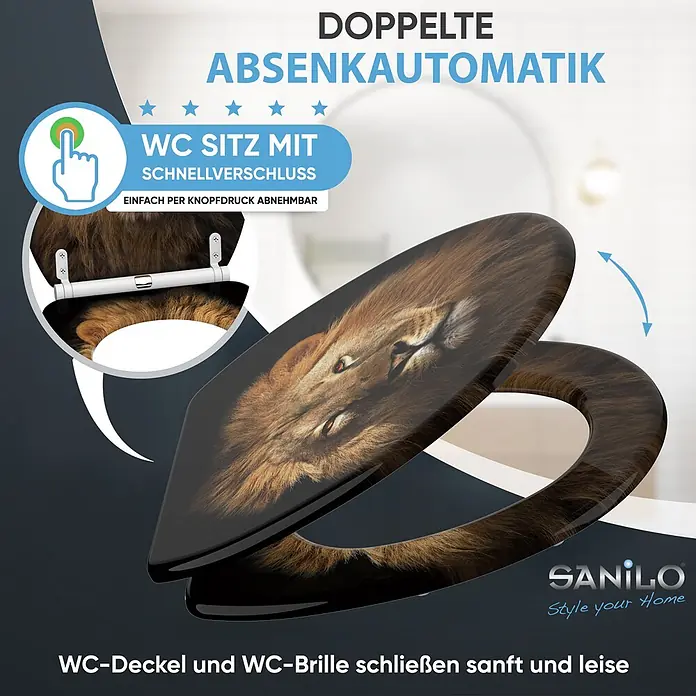 SANILO WC-Sitz Löwe mit Absenkautomatik - MDF, Braun, Mit Absenkautomatik - WC-Sitz mit Löwenkopf-Design, doppelter Absenkautomatik und Schnellverschluss. Deckel und Brille schließen sanft und leise.