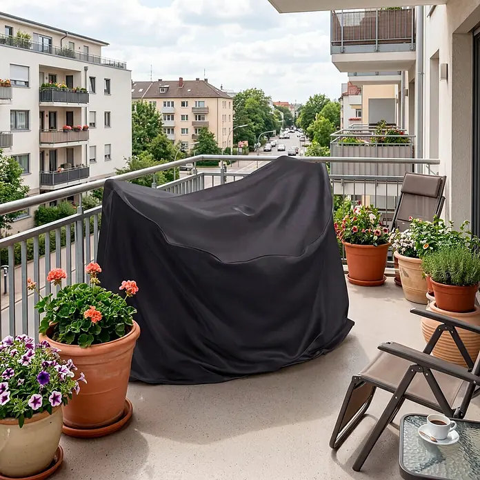 Sunfun Balkon-Set-Schutzhülle rund - Ø x H: 120 x 85 cm - Schwarze Schutzhülle über einem Motorrad oder Roller auf einem Balkon, umgeben von Topfpflanzen.