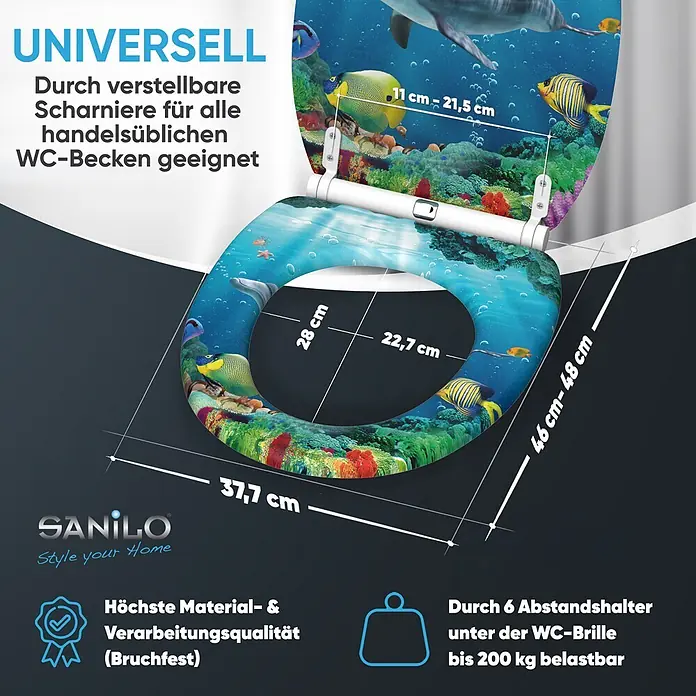 SANILO WC-Sitz Delphin Korallen mit Absenkautomatik - MDF, Blau, Mit Absenkautomatik - WC-Sitz mit Ozean-Design, das Fische und Korallen zeigt. Mit verstellbaren Scharnieren für universelle Passform und hoher Belastbarkeit.