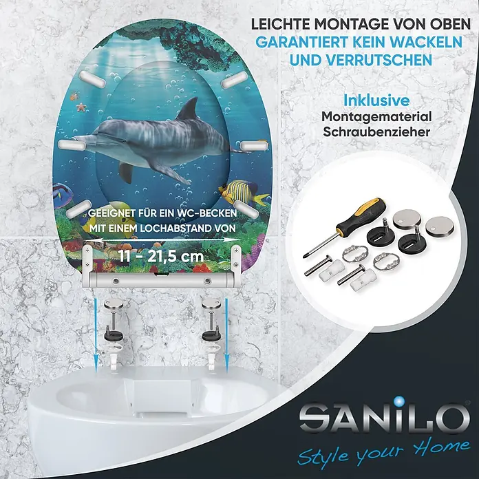 SANILO WC-Sitz Delphin Korallen mit Absenkautomatik - MDF, Blau, Mit Absenkautomatik - Toilettensitz mit Delfinmotiv, einfacher Top-Montage, garantiert kein Wackeln. Lochabstand 11-21,5 cm, inkl. Montagematerial & Schraubenzieher.