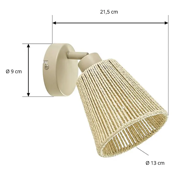 Lindby Wandstrahler Anuva - L x B x H: 21,5 x 13 x 13 cm, creme / amber, E14 - Cremefarbener Wandstrahler aus Metall mit verstellbarem, konischem Schirm aus Naturgeflecht.