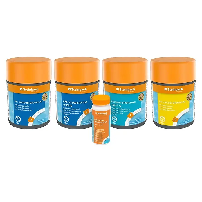 Steinbach Whirlpool-Wasserpflegemittel - 5 -tlg. - Sortiment Steinbach Poolpflegeprodukte: vier orange-blaue Behälter (pH-Regulatoren, Härtestabilisator, Desinfektionsmittel) und eine kleine Teststreifenflasche.