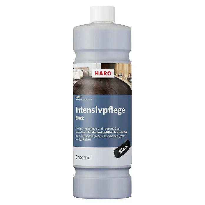 Haro Parkettpflege Clean & Green aqua oil black - 1.000 ml, Geeignet für: Geöltes Parkett - Weiße Flasche HARO Intensivpflege Black, 1000 ml, für dunkel geölte Naturböden wie Parkett und Kork.