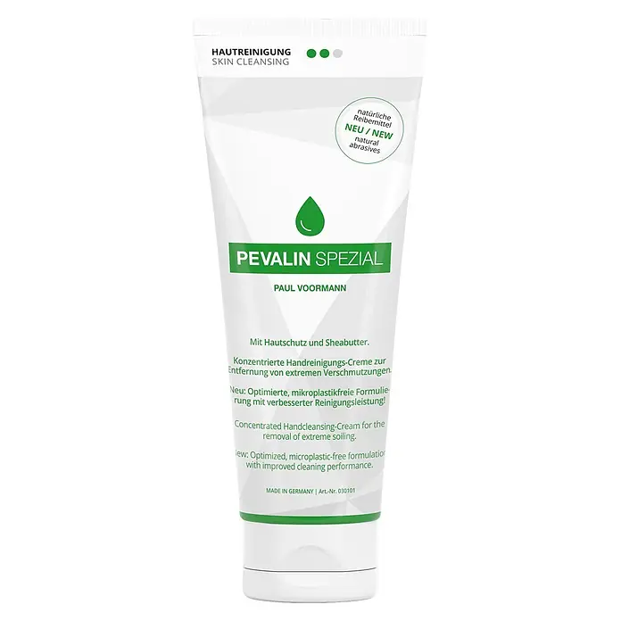 Paul Voormann Limpieza de manos Pevalin Spezial - 250 ml - Tubo blanco de crema limpiadora de manos PEVALIN SPEZIAL con texto y gota verdes, con abrasivos naturales y manteca de karité.
