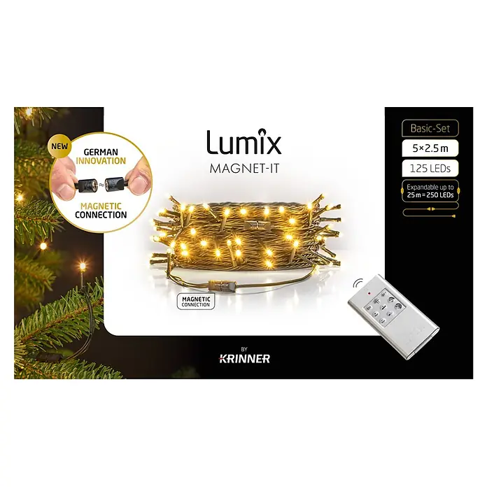 Lumix LED-Lichterkette Magnet-It Basis-Set - Innen, Lichtfarbe: Warmweiß, Anzahl Leuchtmittel: 125 Stk., Netzbetrieben - Lumix Magnet-It LED-Lichterkette mit warmweißen LEDs und innovativen Magnetverbindungen. Inklusive Fernbedienung.