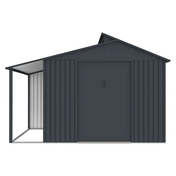 StarLine Metall Gerätehaus Viva Varianta 9,12 m² - Außenbreite inkl. Dachüberstand: 355 cm, Außentiefe inkl. Dachüberstand: 257 cm, Metall, Anthrazit - Dunkelgraues Gartenhaus aus Metall mit überdachtem Anbau und Schiebetür.