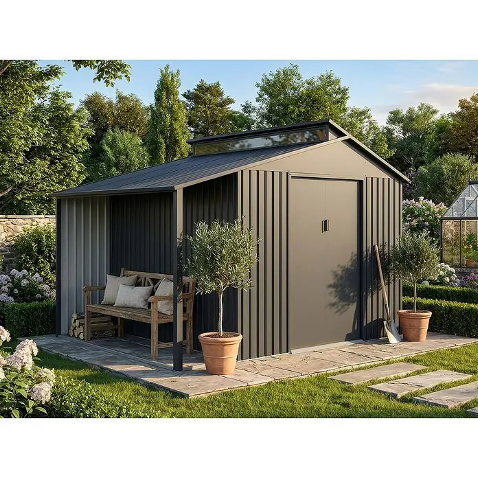 StarLine Metall Gerätehaus Viva Varianta 9,12 m² - Außenbreite inkl. Dachüberstand: 355 cm, Außentiefe inkl. Dachüberstand: 257 cm, Metall, Anthrazit - Dunkelgrauer Metall-Gartenschuppen mit Anbau, helle Tür und hohes Fenster.