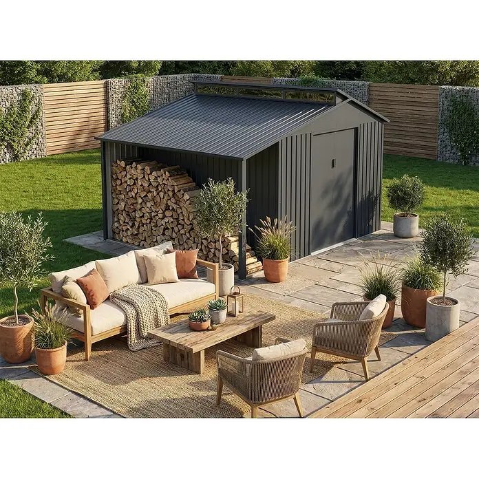StarLine Metall Gerätehaus Viva Varianta 9,12 m² - Außenbreite inkl. Dachüberstand: 355 cm, Außentiefe inkl. Dachüberstand: 257 cm, Metall, Anthrazit - Dunkelgraues Metall-Gartenhaus mit offenem Holzunterstand, auf einer modernen Gartenterrasse.