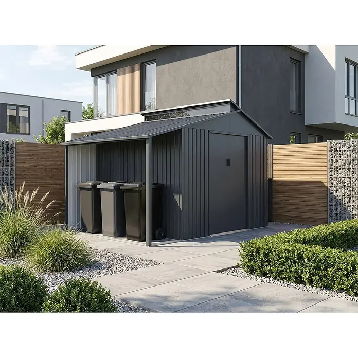 StarLine Metall Gerätehaus Viva Varianta 9,12 m² - Außenbreite inkl. Dachüberstand: 355 cm, Außentiefe inkl. Dachüberstand: 257 cm, Metall, Anthrazit - Dunkelgraues Metallgartenhaus mit Mülltonnenunterstand und Pultdach, in moderner Gartenumgebung.