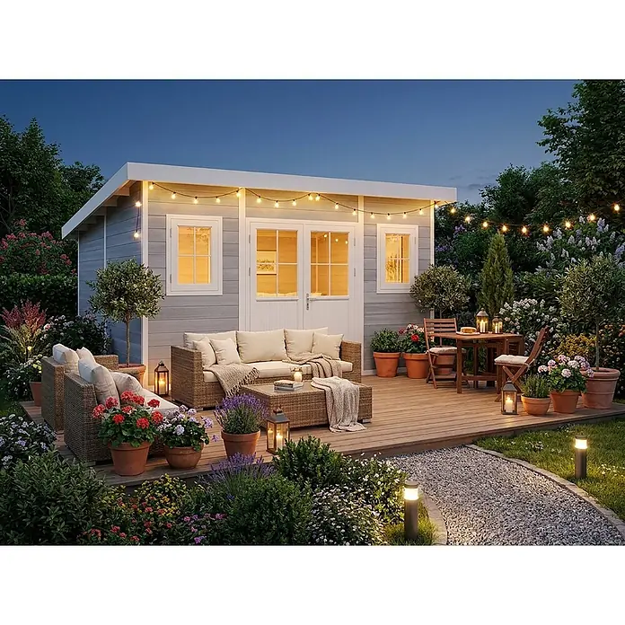Fjordholz Gartenhaus Nexo White 15,0 m² - Außenmaß inkl. Dachüberstand (B x T): 428,5 x 423 cm, Aluminium, Grau / Weiß - Gemütlicher Outdoor-Wohnbereich mit hellgrauem Gartenhaus, Holzterrasse und Korbmöbeln, abends mit Lichterketten beleuchtet.