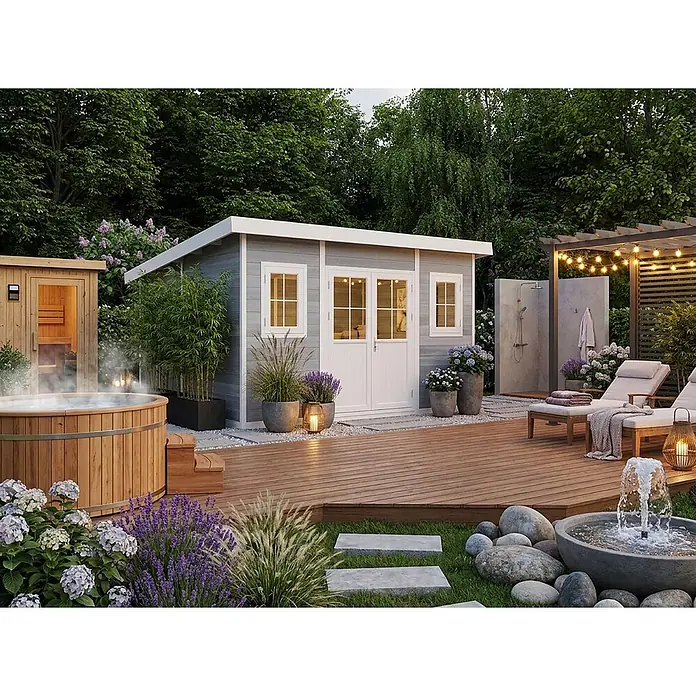 Fjordholz Gartenhaus Nexo White 15,0 m² - Außenmaß inkl. Dachüberstand (B x T): 428,5 x 423 cm, Aluminium, Grau / Weiß - Ein stilvoller grauer Gartenhaus mit weißem Rahmen, Doppeltüren und Fenstern, integriert in einen luxuriösen Outdoor-Spa- und Entspannungsbereich.