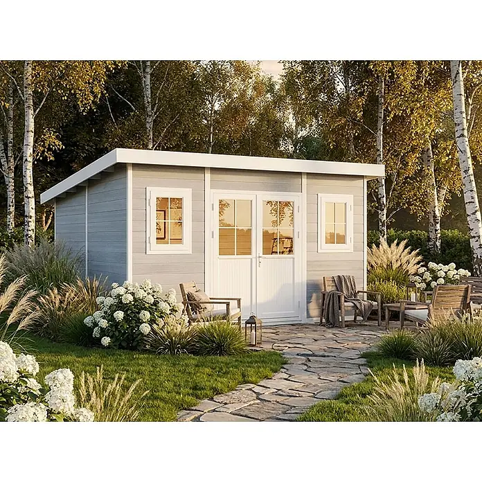 Fjordholz Gartenhaus Nexo White 15,0 m² - Außenmaß inkl. Dachüberstand (B x T): 428,5 x 423 cm, Aluminium, Grau / Weiß - Ein hellgrauer moderner Gartenpavillon mit weißen Türen und Fenstern, in einem grünen Garten mit Steinterrasse und Bäumen.