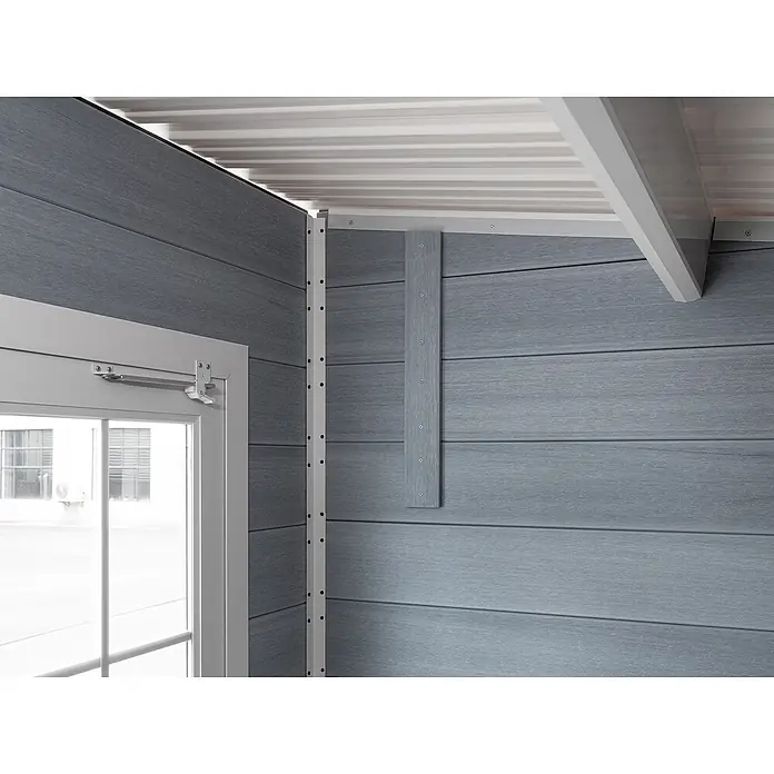 Fjordholz Gartenhaus Nexo White 15,0 m² - Außenmaß inkl. Dachüberstand (B x T): 428,5 x 423 cm, Aluminium, Grau / Weiß - Graue Verbundwandverkleidung mit Holzmaserung in einer Struktur.