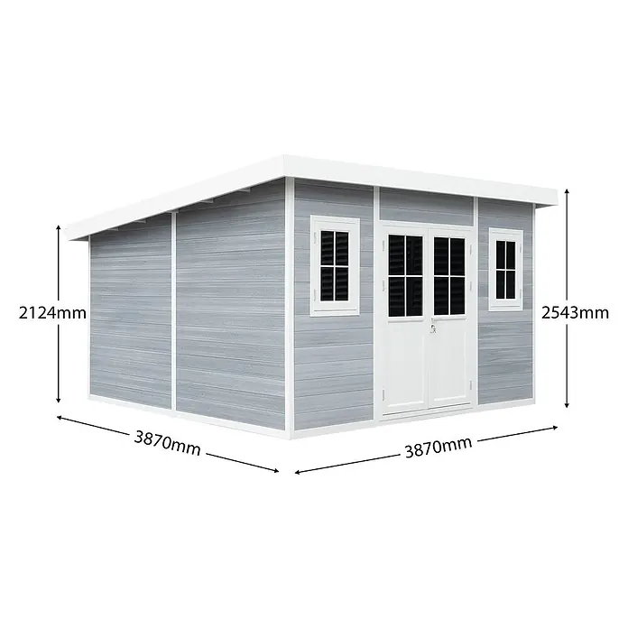 Fjordholz Gartenhaus Nexo White 15,0 m² - Außenmaß inkl. Dachüberstand (B x T): 428,5 x 423 cm, Aluminium, Grau / Weiß - Grauer Gartenhaus mit weißer Verkleidung, Doppeltür, zwei Fenstern und sichtbaren Maßen.
