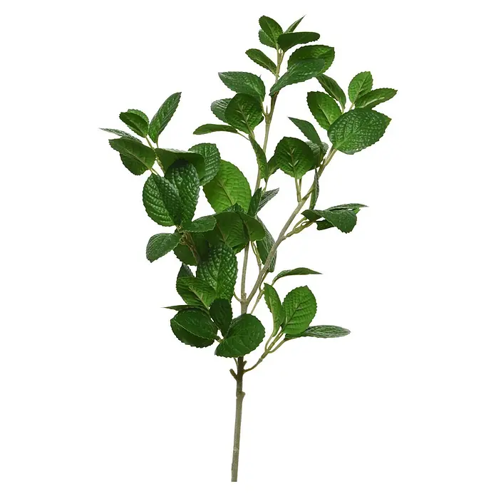 Planta artificial - Altura: 33 cm, Verde, Plástico - Una rama de planta verde frondosa con hojas texturizadas y un tallo marrón claro.