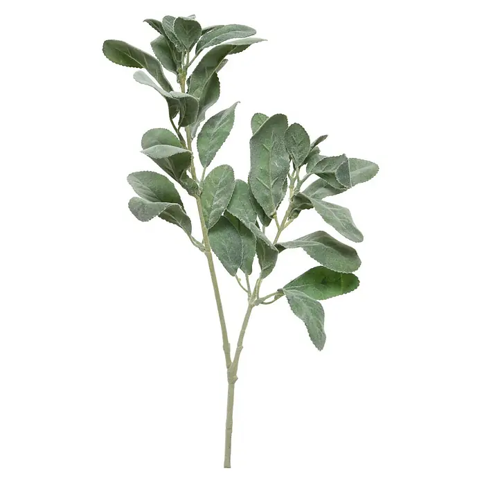 Planta artificial - Altura: 33 cm, Verde, Plástico - Planta artificial de hojas suaves verde grisáceo, tipo oreja de cordero o salvia, con tallos y hojas.