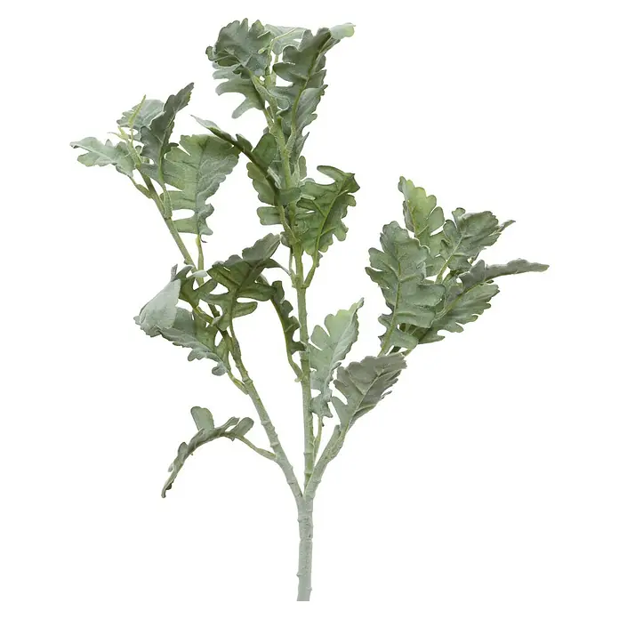 Planta artificial - Altura: 33 cm, Verde, Plástico - Tallo de planta verde plateado con hojas peludas y profundamente lobuladas.