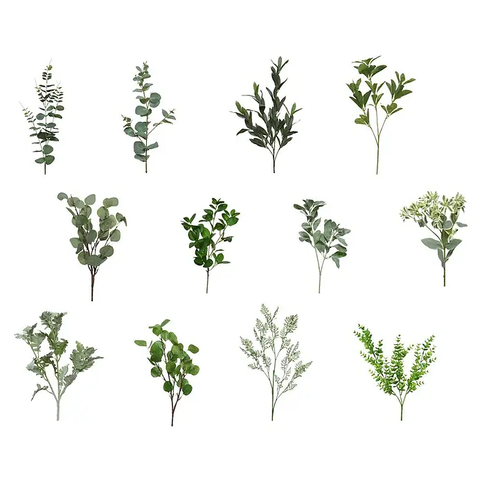 Planta artificial - Altura: 33 cm, Verde, Plástico - Varias ramas de plantas artificiales verdes.