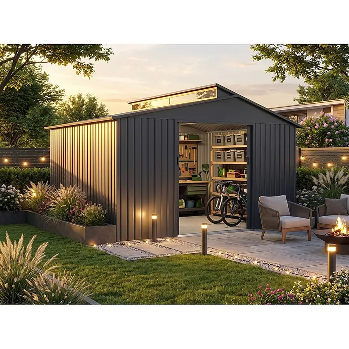 StarLine Metall Gerätehaus Viva 13,36 m² - Außenbreite inkl. Dachüberstand: 347 cm, Außentiefe inkl. Dachüberstand: 385 cm, Metall, Anthrazit - Dunkelgraues Metallgartenhaus mit Dachfenster, geöffnet mit Fahrrädern und Werkzeugen, in einem modernen Garten.