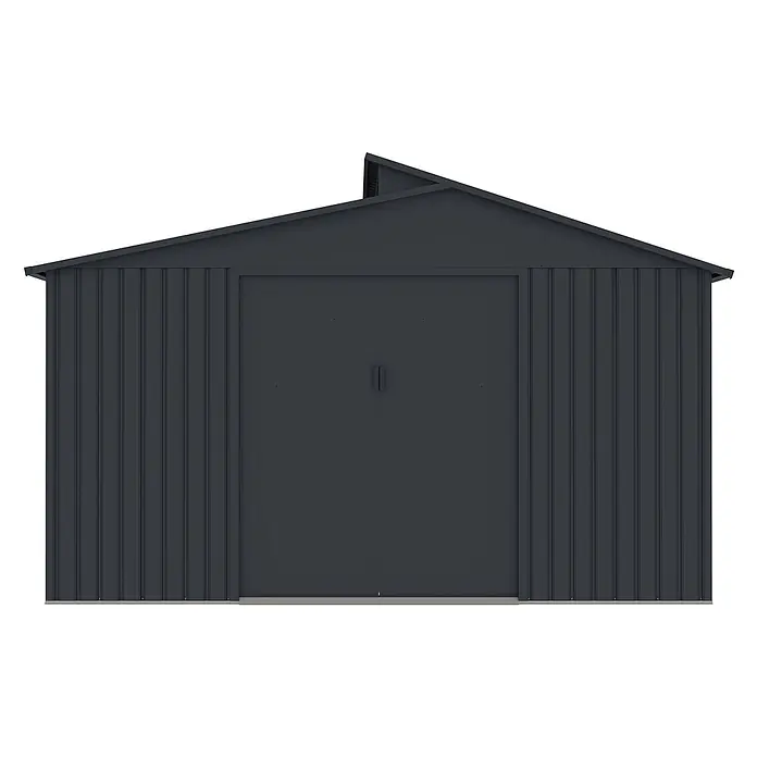 StarLine Metall Gerätehaus Viva 13,36 m² - Außenbreite inkl. Dachüberstand: 347 cm, Außentiefe inkl. Dachüberstand: 385 cm, Metall, Anthrazit - Dunkelgrauer Geräteschuppen aus Metall mit Wellblech und Doppeltüren.