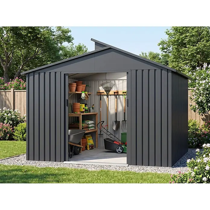 StarLine Metall Gerätehaus Viva 5,44 m² - Außenbreite inkl. Dachüberstand: 282 cm, Außentiefe inkl. Dachüberstand: 193 cm, Metall, Anthrazit - Dunkelgraues Metall-Gartenhaus mit offener Schiebetür, das organisierte Gartengeräte, Töpfe und einen Rasenmäher im Inneren zeigt, in einem grünen Garten.