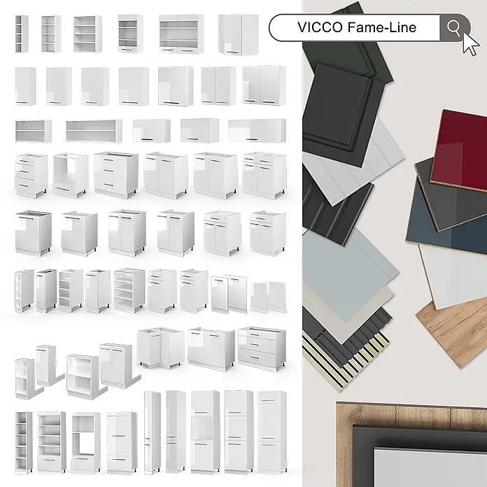 Vicco Schrankküche Fame-Line Anthrazit Hochglanz - Anthrazit Hochglanz, Kühlumbauschrank 60 cm - Zahlreiche weiße Küchenschrankmodule in verschiedenen Größen und Konfigurationen, zusammen mit Material- und Farbmustern für Möbelfronten.
