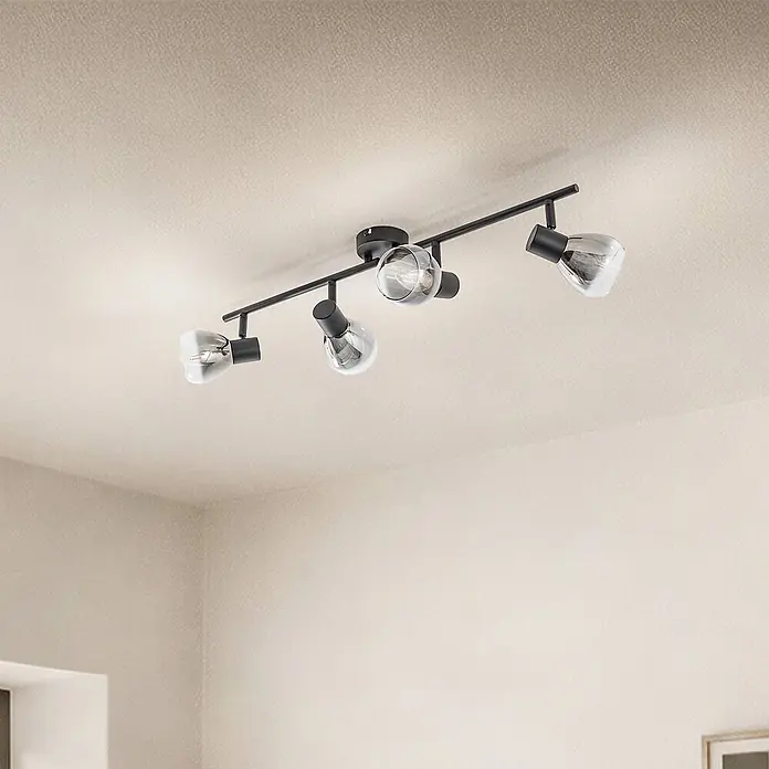 Lindby Deckenstrahler Pendura - schwarz, alu / grau / zink, E14 - Schwarze Deckenleuchte mit vier verstellbaren Spots und klaren Glasschirmen.