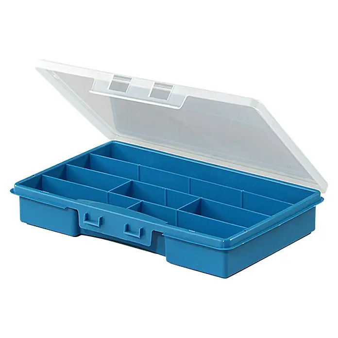 Lockweiler Kleinteilekoffer Ordinus 2-7 - Anzahl Fächer: 7 Stk., 275 x 180 x 41 mm - Blaue Sortimentsbox mit transparentem Deckel und mehreren Fächern zur Aufbewahrung von Kleinteilen.