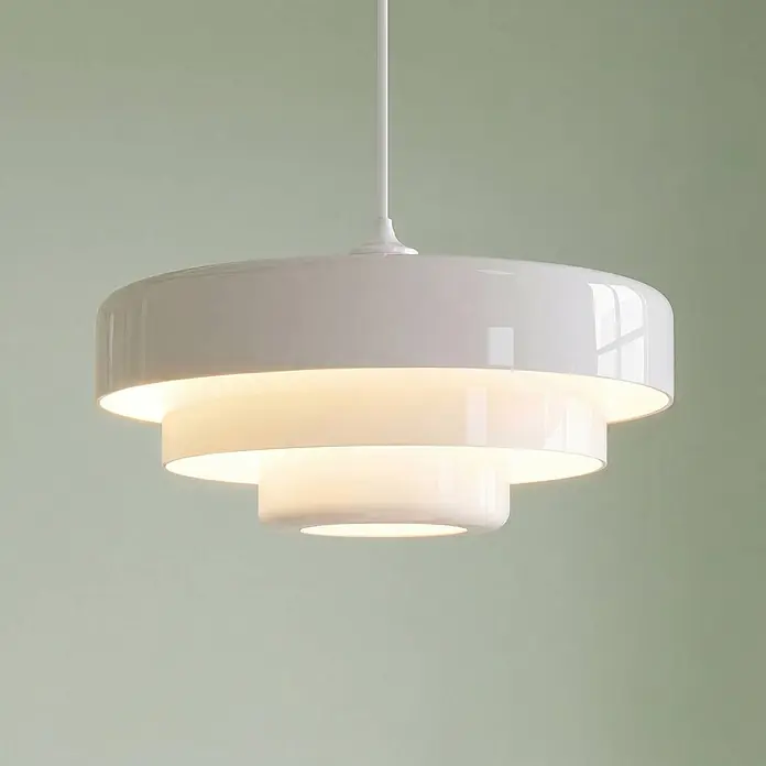 Lindby Pendelleuchte Tivra - L x B x H: 35 x 35 x 27 cm, weiß / opal, weiß, E27 - Weiße, gestufte Pendelleuchte mit glänzender Oberfläche, von innen beleuchtet.